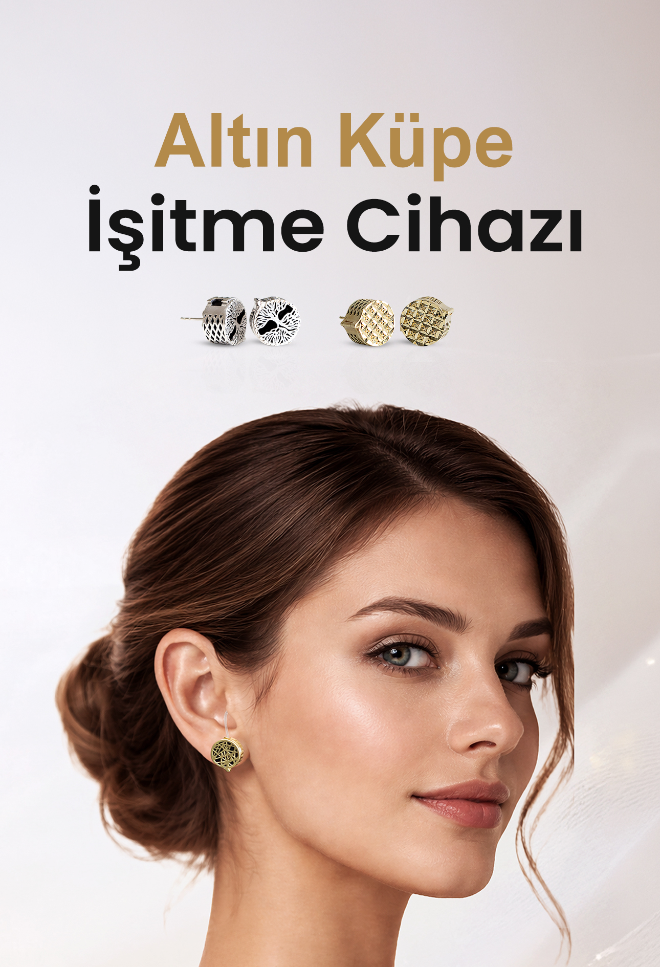 Altın küpe işitme cihazı kullanan kadın ve küpe modelleri